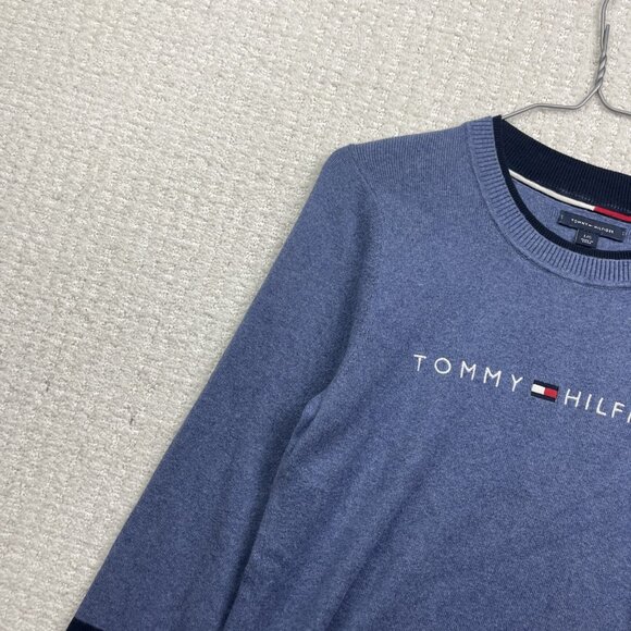 Tommy Hilfiger Shirt Blue Striped Long Sleeve Spell out logo Women Sz L Preppy - Picture 4 of 12